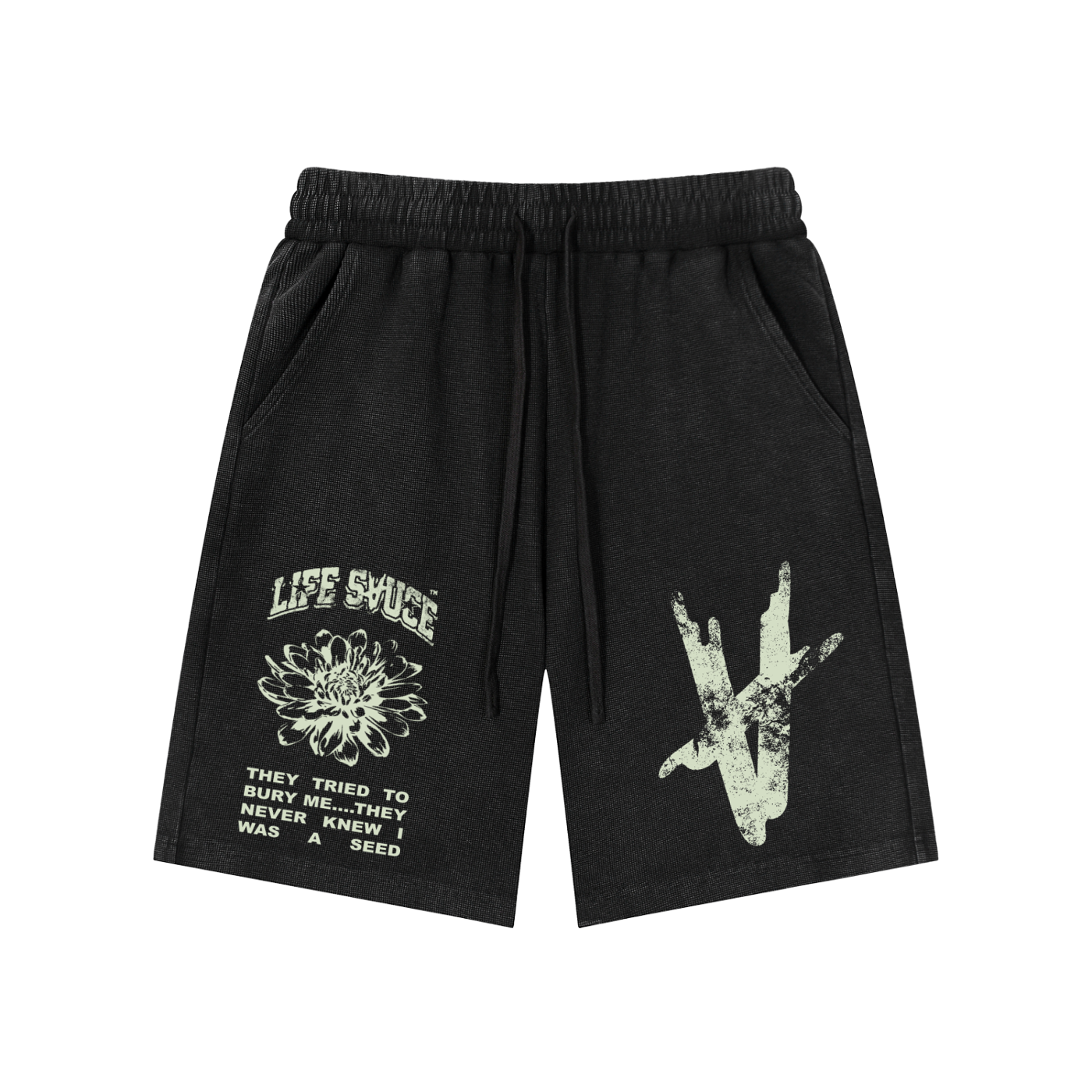 Washed Waffle Knit Shorts - Black