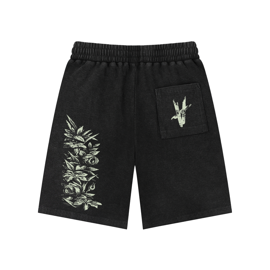 Washed Waffle Knit Shorts - Black